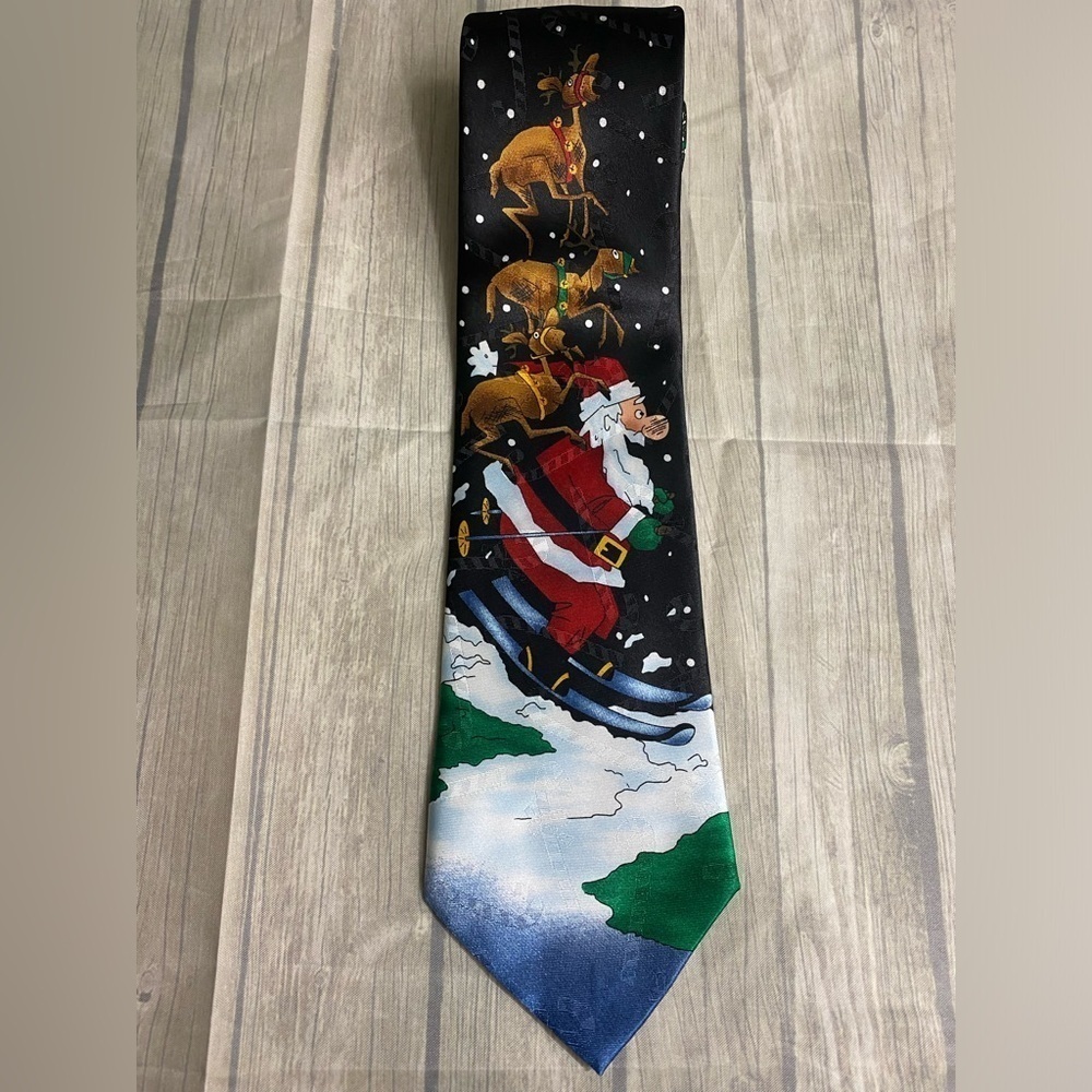 Hallmark Christmas NovelTies Tie Mens 59” Long Santa Skiing Reindeer Holiday Tie - Picture 1 of 6